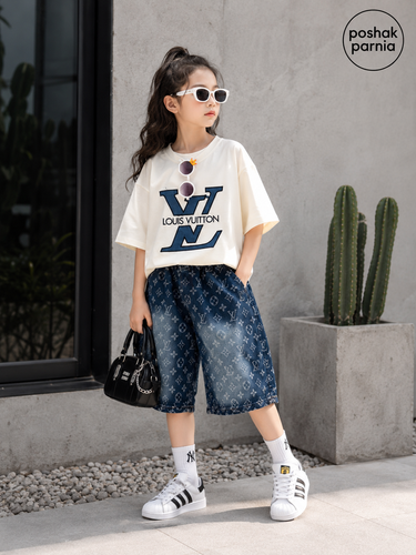 ست بیرونی دخترانه لش استایل طرح Louis Vuitton | و Gucci تیشرت و شلوار جین بگ | سایز 50 تا 65